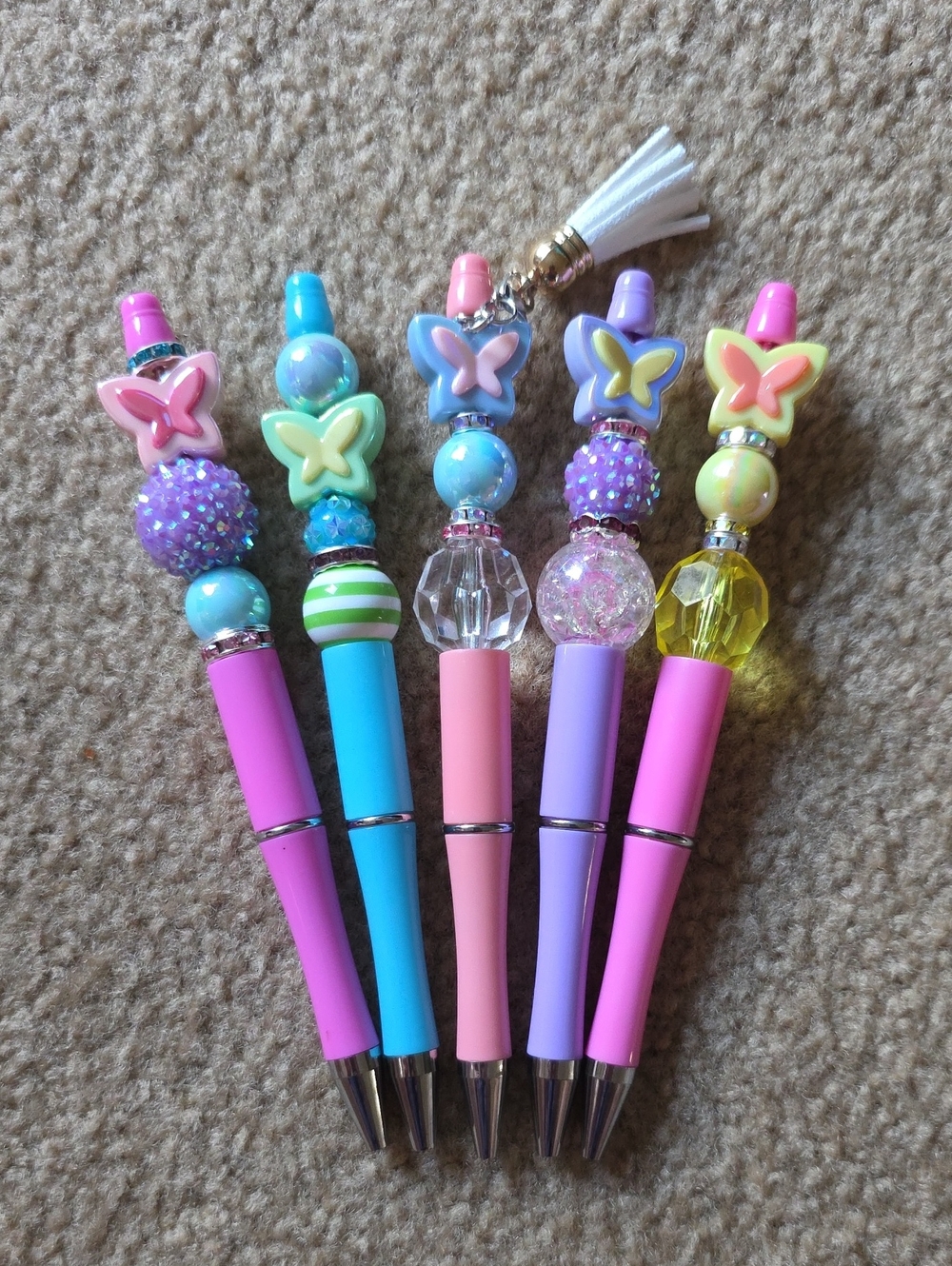 Handmade Butterfly Beaded Ballpoint Pens, Set Of 5 In Pastel Colors, New.